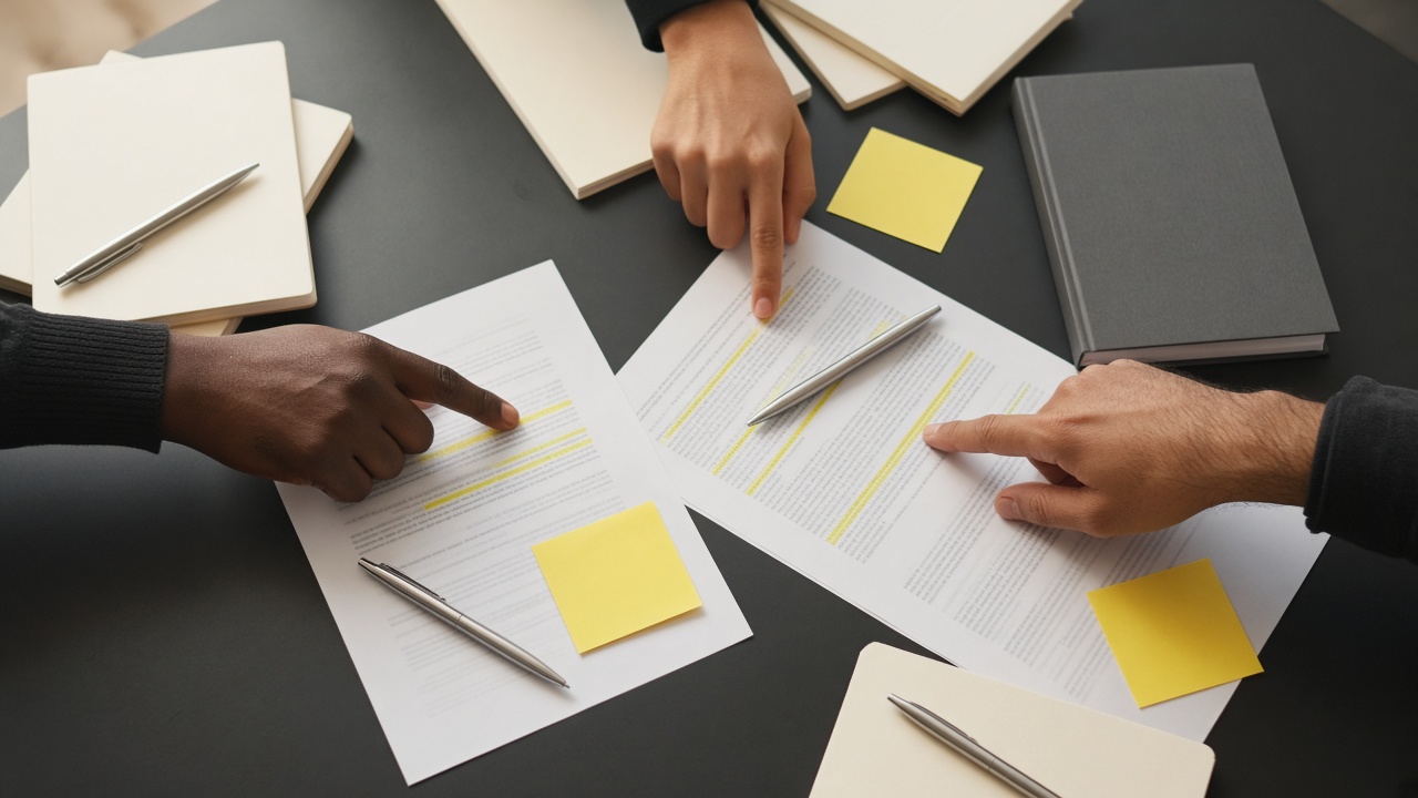 Colaboradores trabalhando juntos sobre anotações e manuscritos de idioma