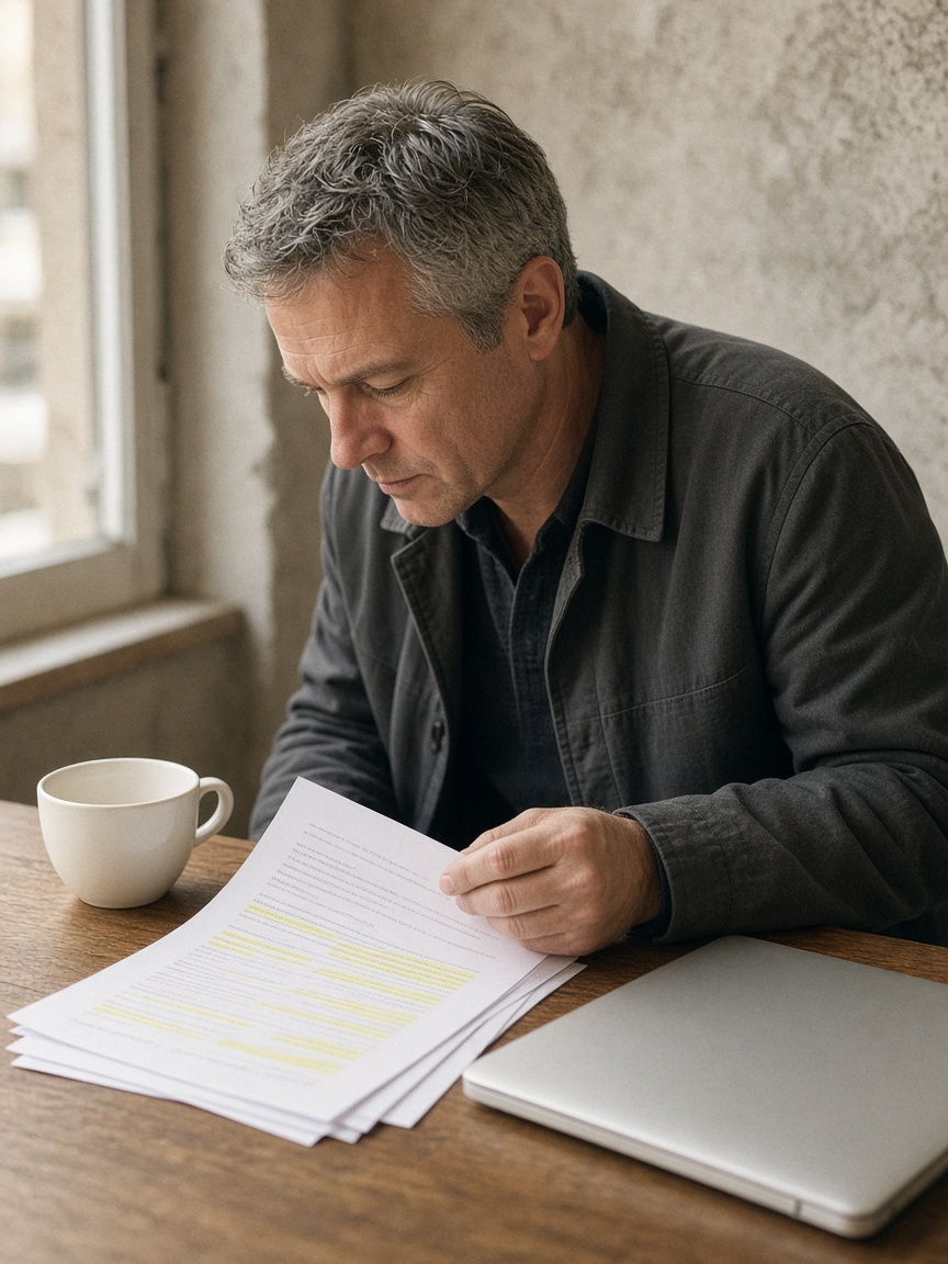 Colaborador revisando documentos em uma mesa de café